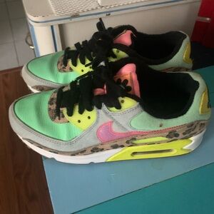 Nike Air Max 90 LX green, animal print, pink shoes, 7.5